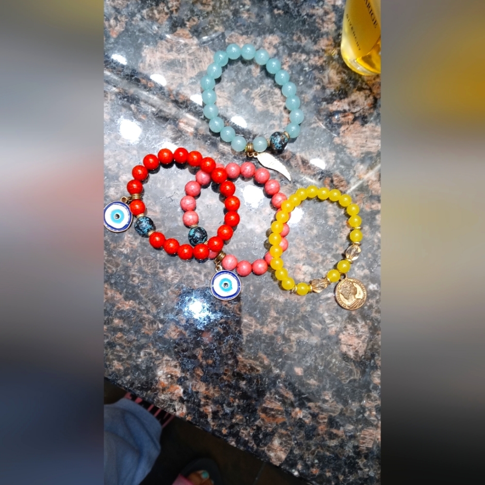 4  Plastic Bead Stretch Bracelets various pendants Evil Eye